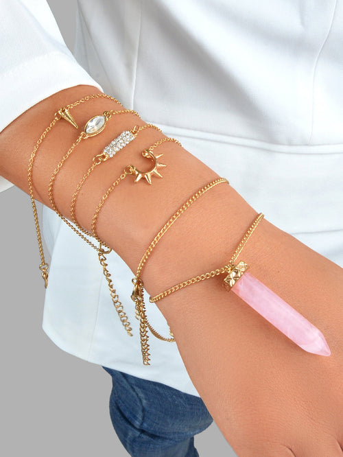 5pcs Bono Chic Gold Chain Rhinestone Spike Pink Hexagonal Gemstone Bracelets Set - Feelontop Jewellery-1