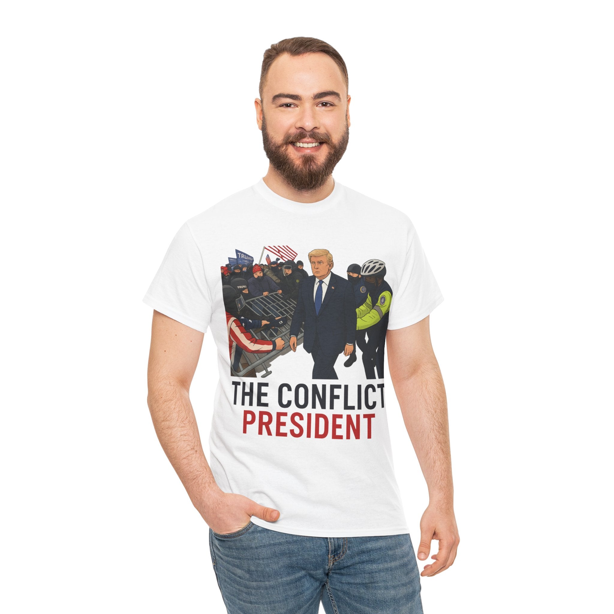 Political Satire Statement Tee - "the Conflict President" Unisex Cotton Tee, Graphic T-Shirt, Protest Apparel, Gift for Activists